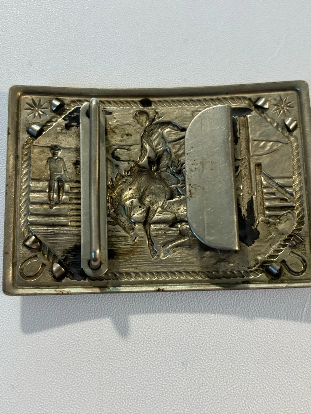 Vintage Western Motif Belt Buckle with Multicolor Stones 1940s? Cowboy